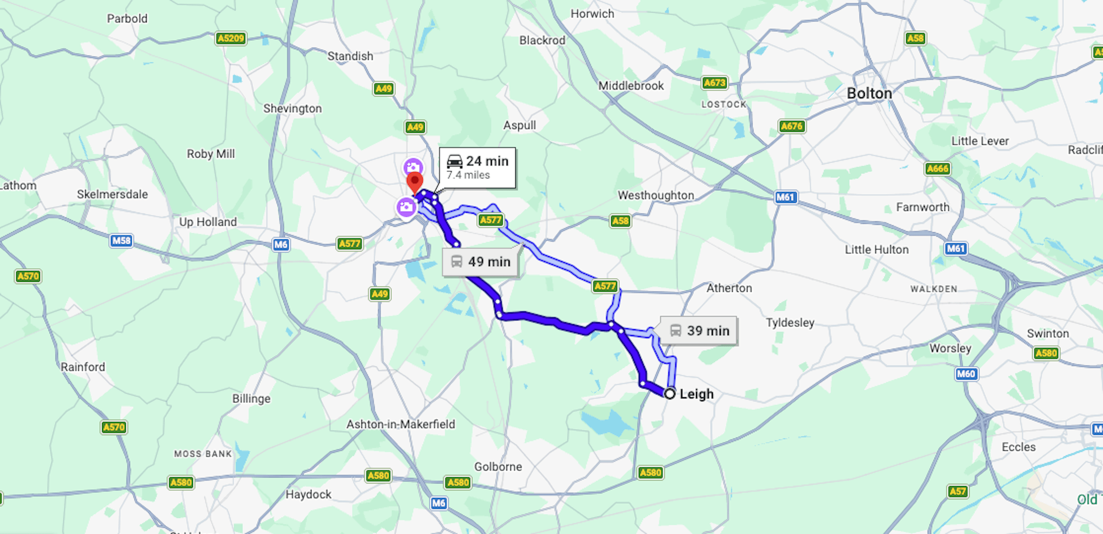 Map of travelling to Hyde Studios from Leigh